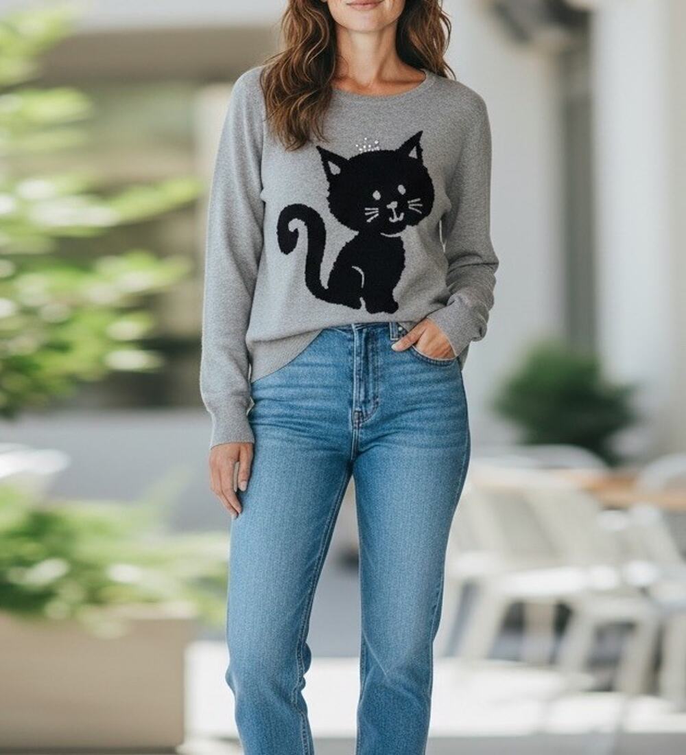Groggy JBC Kitty Cat Whimsy Queen Gray Black Bling Long Sleeve Cotton Sweater XL